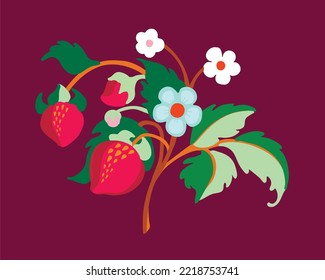 Floral ornamental pattern. Strawberries with fruits and flowers on a colored background . Vector illustration for banners, postcards, flyers, wallpapers for social networks, textiles, tablecloths, nap