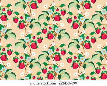 Floral ornamental pattern. Strawberries with fruits and flowers on a colored background . Vector illustration for banners, postcards, flyers, wallpapers for social networks, textiles, tablecloths, nap
