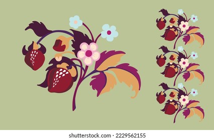 Floral ornamental pattern. Strawberries with fruits and flowers on a colored background . Vector illustration for banners, postcards, flyers, wallpapers for social networks, textiles, tablecloths, nap