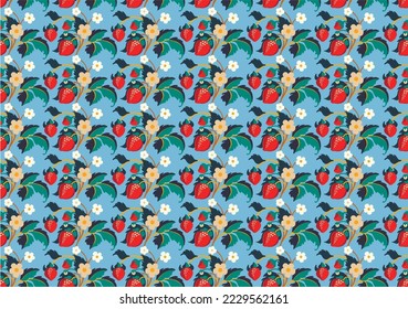 Floral ornamental pattern. Strawberries with fruits and flowers on a colored background . Vector illustration for banners, postcards, flyers, wallpapers for social networks, textiles, tablecloths, nap