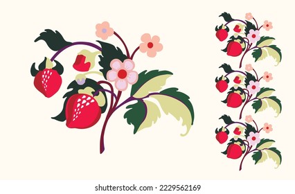 Floral ornamental pattern. Strawberries with fruits and flowers on a colored background . Vector illustration for banners, postcards, flyers, wallpapers for social networks, textiles, tablecloths, nap