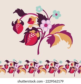 Floral ornamental pattern. Strawberries with fruits and flowers on a colored background . Vector illustration for banners, postcards, flyers, wallpapers for social networks, textiles, tablecloths, nap