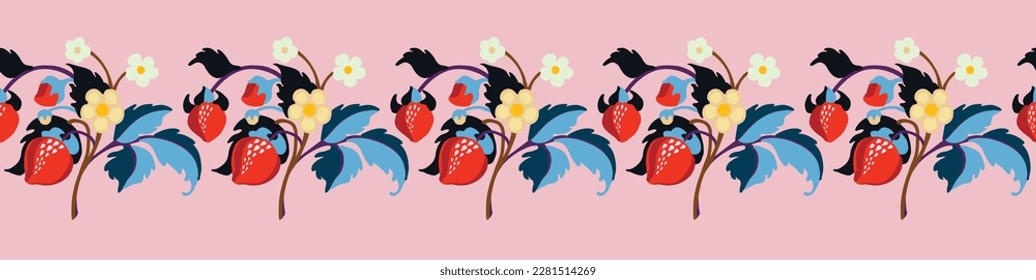 Floral ornamental pattern. Strawberries with fruits and flowers on a colored background . Vector illustration for banners, postcards, flyers, wallpapers for social networks, textiles, tablecloths, nap