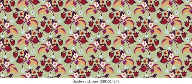 Floral ornamental pattern. Strawberries with fruits and flowers on a colored background . Vector illustration for banners, postcards, flyers, wallpapers for social networks, textiles, tablecloths, nap
