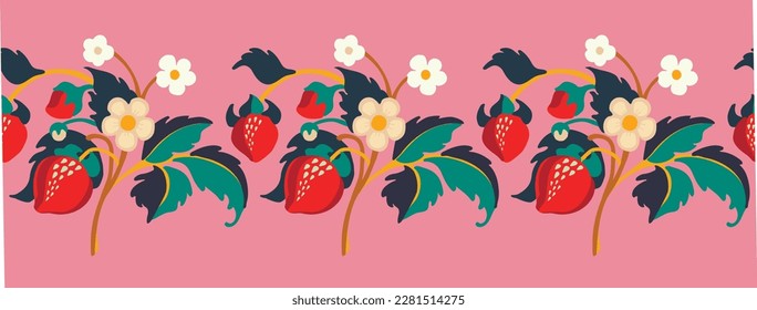 Floral ornamental pattern. Strawberries with fruits and flowers on a colored background . Vector illustration for banners, postcards, flyers, wallpapers for social networks, textiles, tablecloths, nap