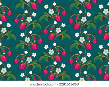 Floral ornamental pattern. Strawberries with fruits and flowers on a colored background . Vector illustration for banners, postcards, flyers, wallpapers for social networks, textiles, tablecloths, nap