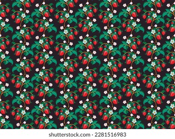 Floral ornamental pattern. Strawberries with fruits and flowers on a colored background . Vector illustration for banners, postcards, flyers, wallpapers for social networks, textiles, tablecloths, nap