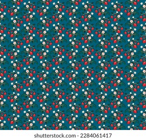 Floral ornamental pattern. Strawberries with fruits and flowers on a colored background . Vector illustration for banners, postcards, flyers, wallpapers for social networks, textiles, tablecloths, nap