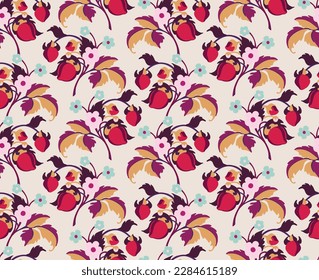 Floral ornamental pattern. Strawberries with fruits and flowers on a colored background . Vector illustration for banners, postcards, flyers, wallpapers for social networks, textiles, tablecloths, nap