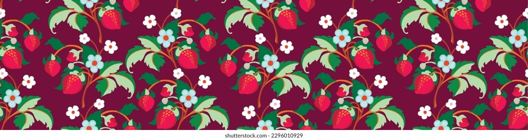 Floral ornamental pattern. Strawberries with fruits and flowers on a colored background . Vector illustration for banners, postcards, flyers, wallpapers for social networks, textiles, tablecloths, nap