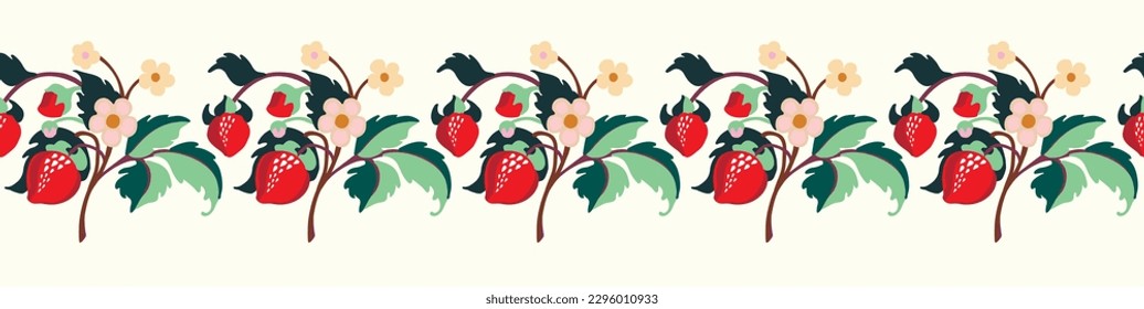 Floral ornamental pattern. Strawberries with fruits and flowers on a colored background . Vector illustration for banners, postcards, flyers, wallpapers for social networks, textiles, tablecloths, nap