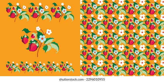 Floral ornamental pattern. Strawberries with fruits and flowers on a colored background . Vector illustration for banners, postcards, flyers, wallpapers for social networks, textiles, tablecloths, nap