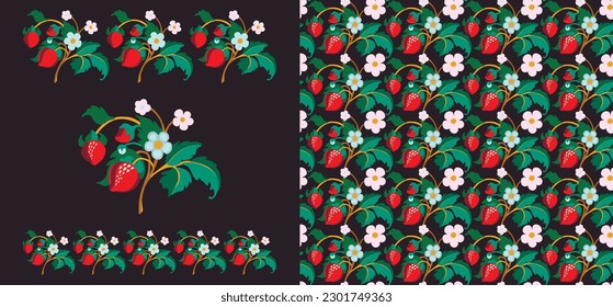 Floral ornamental pattern. Strawberries with fruits and flowers on a colored background . Vector illustration for banners, postcards, flyers, wallpapers for social networks, textiles, tablecloths, nap