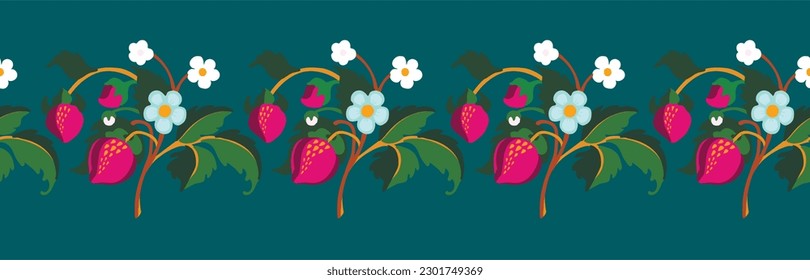 Floral ornamental pattern. Strawberries with fruits and flowers on a colored background . Vector illustration for banners, postcards, flyers, wallpapers for social networks, textiles, tablecloths, nap