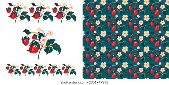 Blumenziermuster. Erdbeeren mit Früchten und Blumen auf buntem Hintergrund . Vektorgrafik für Banner, Postkarten, Flyer, Wallpaper für soziale Netzwerke, Textilien, Tischdecken, Sickerchen