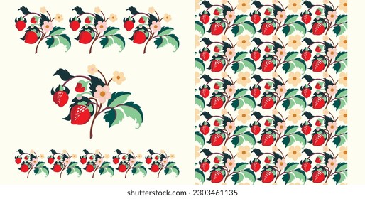 Floral ornamental pattern. Strawberries with fruits and flowers on a colored background . Vector illustration for banners, postcards, flyers, wallpapers for social networks, textiles, tablecloths, nap