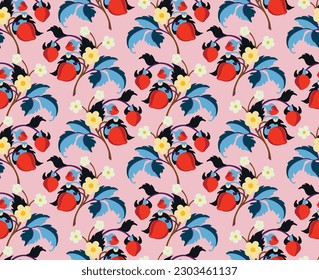 Floral ornamental pattern. Strawberries with fruits and flowers on a colored background . Vector illustration for banners, postcards, flyers, wallpapers for social networks, textiles, tablecloths, nap