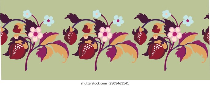 Floral ornamental pattern. Strawberries with fruits and flowers on a colored background . Vector illustration for banners, postcards, flyers, wallpapers for social networks, textiles, tablecloths, nap