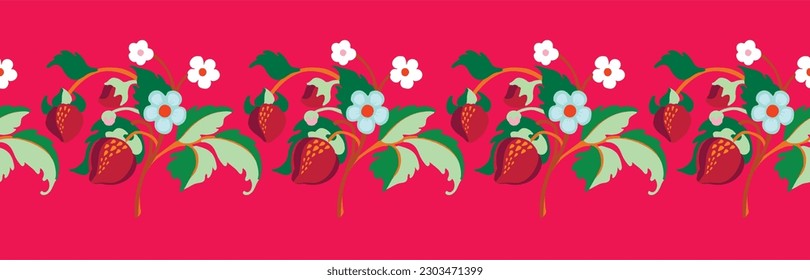 Floral ornamental pattern. Strawberries with fruits and flowers on a colored background . Vector illustration for banners, postcards, flyers, wallpapers for social networks, textiles, tablecloths, nap