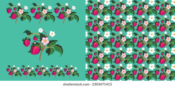Floral ornamental pattern. Strawberries with fruits and flowers on a colored background . Vector illustration for banners, postcards, flyers, wallpapers for social networks, textiles, tablecloths, nap