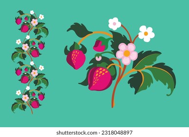 Floral ornamental pattern. Strawberries with fruits and flowers on a colored background . Vector illustration for banners, postcards, flyers, wallpapers for social networks, textiles, tablecloths, nap