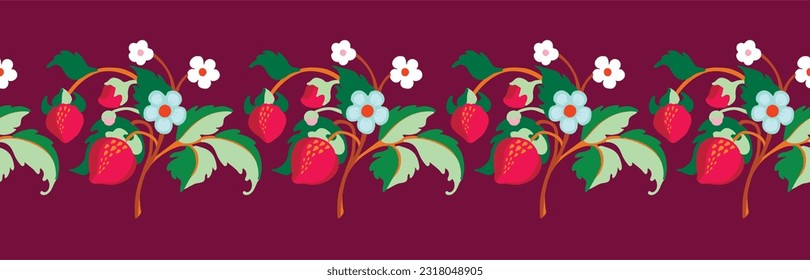 Floral ornamental pattern. Strawberries with fruits and flowers on a colored background . Vector illustration for banners, postcards, flyers, wallpapers for social networks, textiles, tablecloths, nap