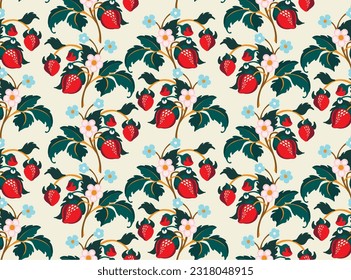 Floral ornamental pattern. Strawberries with fruits and flowers on a colored background . Vector illustration for banners, postcards, flyers, wallpapers for social networks, textiles, tablecloths, nap