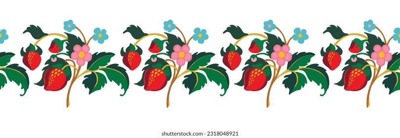 Floral ornamental pattern. Strawberries with fruits and flowers on a colored background . Vector illustration for banners, postcards, flyers, wallpapers for social networks, textiles, tablecloths, nap
