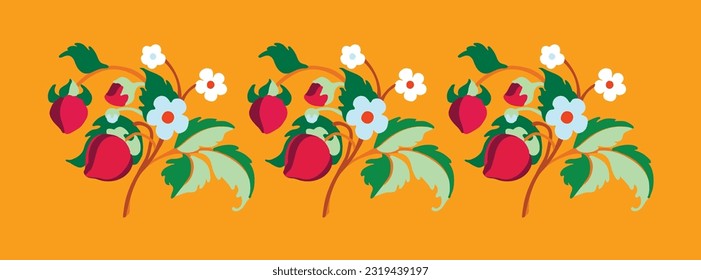 Floral ornamental pattern. Strawberries with fruits and flowers on a colored background . Vector illustration for banners, postcards, flyers, wallpapers for social networks, textiles, tablecloths, nap