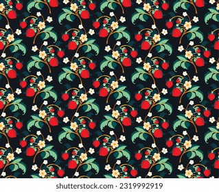 Floral ornamental pattern. Strawberries with fruits and flowers on a colored background . Vector illustration for banners, postcards, flyers, wallpapers for social networks, textiles, tablecloths, nap