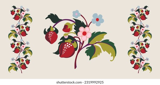 Floral ornamental pattern. Strawberries with fruits and flowers on a colored background . Vector illustration for banners, postcards, flyers, wallpapers for social networks, textiles, tablecloths, nap