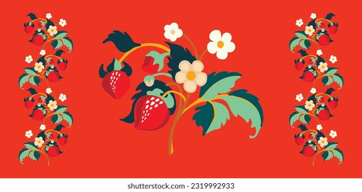 Floral ornamental pattern. Strawberries with fruits and flowers on a colored background . Vector illustration for banners, postcards, flyers, wallpapers for social networks, textiles, tablecloths, nap
