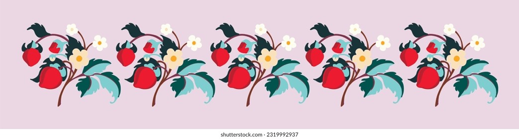 Floral ornamental pattern. Strawberries with fruits and flowers on a colored background . Vector illustration for banners, postcards, flyers, wallpapers for social networks, textiles, tablecloths, nap