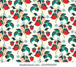 Floral ornamental pattern. Strawberries with fruits and flowers on a colored background . Vector illustration for banners, postcards, flyers, wallpapers for social networks, textiles, tablecloths, nap