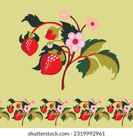 Floral ornamental pattern. Strawberries with fruits and flowers on a colored background . Vector illustration for banners, postcards, flyers, wallpapers for social networks, textiles, tablecloths, nap