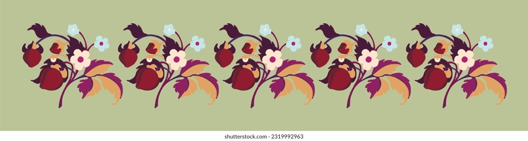 Floral ornamental pattern. Strawberries with fruits and flowers on a colored background . Vector illustration for banners, postcards, flyers, wallpapers for social networks, textiles, tablecloths, nap