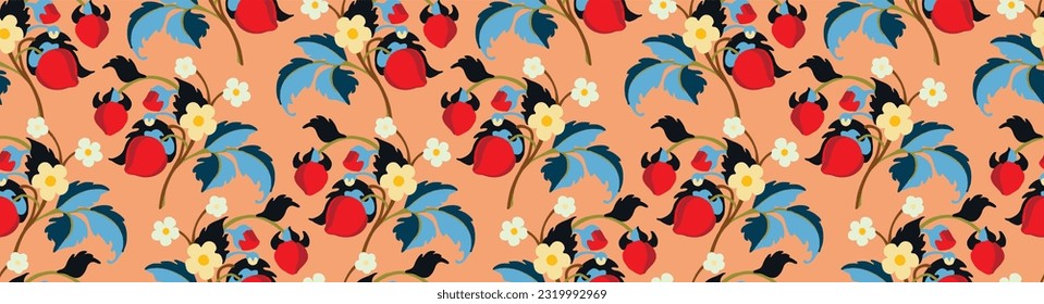 Floral ornamental pattern. Strawberries with fruits and flowers on a colored background . Vector illustration for banners, postcards, flyers, wallpapers for social networks, textiles, tablecloths, nap