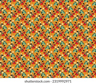 Floral ornamental pattern. Strawberries with fruits and flowers on a colored background . Vector illustration for banners, postcards, flyers, wallpapers for social networks, textiles, tablecloths, nap