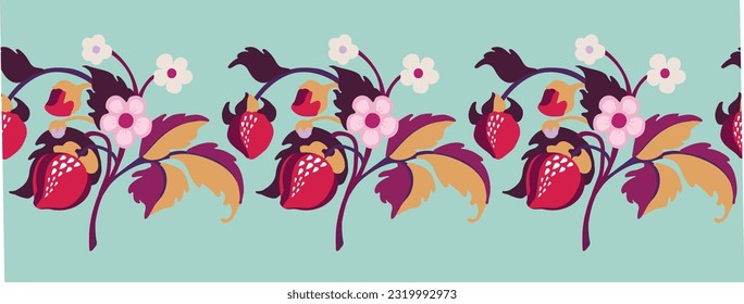 Floral ornamental pattern. Strawberries with fruits and flowers on a colored background . Vector illustration for banners, postcards, flyers, wallpapers for social networks, textiles, tablecloths, nap