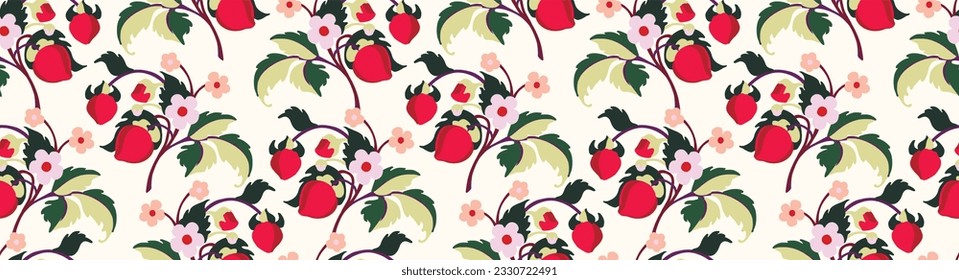 Floral ornamental pattern. Strawberries with fruits and flowers on a colored background . Vector illustration for banners, postcards, flyers, wallpapers for social networks, textiles, tablecloths, nap