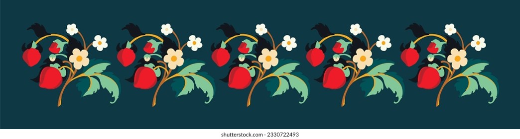 Floral ornamental pattern. Strawberries with fruits and flowers on a colored background . Vector illustration for banners, postcards, flyers, wallpapers for social networks, textiles, tablecloths, nap