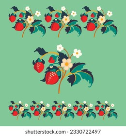 Floral ornamental pattern. Strawberries with fruits and flowers on a colored background . Vector illustration for banners, postcards, flyers, wallpapers for social networks, textiles, tablecloths, nap