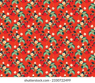 Floral ornamental pattern. Strawberries with fruits and flowers on a colored background . Vector illustration for banners, postcards, flyers, wallpapers for social networks, textiles, tablecloths, nap