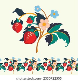 Floral ornamental pattern. Strawberries with fruits and flowers on a colored background . Vector illustration for banners, postcards, flyers, wallpapers for social networks, textiles, tablecloths, nap