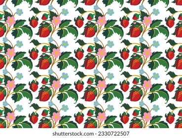 Floral ornamental pattern. Strawberries with fruits and flowers on a colored background . Vector illustration for banners, postcards, flyers, wallpapers for social networks, textiles, tablecloths, nap