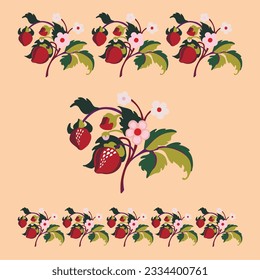 Floral ornamental pattern. Strawberries with fruits and flowers on a colored background . Vector illustration for banners, postcards, flyers, wallpapers for social networks, textiles, tablecloths, nap