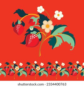Floral ornamental pattern. Strawberries with fruits and flowers on a colored background . Vector illustration for banners, postcards, flyers, wallpapers for social networks, textiles, tablecloths, nap