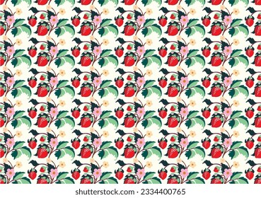 Floral ornamental pattern. Strawberries with fruits and flowers on a colored background . Vector illustration for banners, postcards, flyers, wallpapers for social networks, textiles, tablecloths, nap