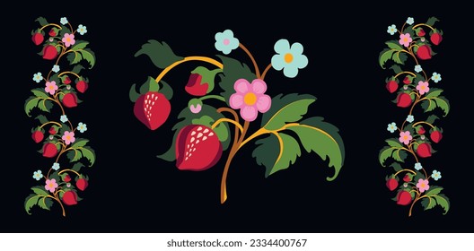 Floral ornamental pattern. Strawberries with fruits and flowers on a colored background . Vector illustration for banners, postcards, flyers, wallpapers for social networks, textiles, tablecloths, nap