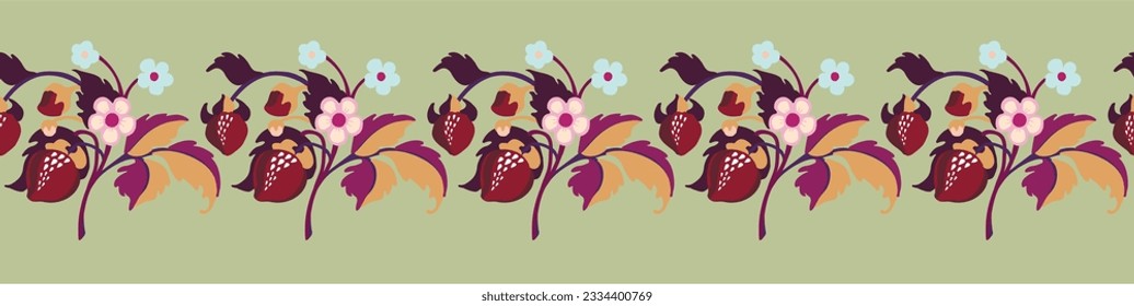 Floral ornamental pattern. Strawberries with fruits and flowers on a colored background . Vector illustration for banners, postcards, flyers, wallpapers for social networks, textiles, tablecloths, nap